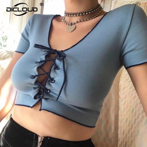 Gothic Punk Girls Sexy Lace Up Bandage Crop Top Tshirts Women Summer Short Sleeve Skinny Tops Tees Chic Harajuku Tee Shirt Femme