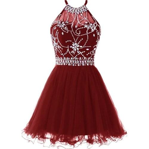 Womens Halter Short Homecoming Dress Beading Tulle Prom Dress