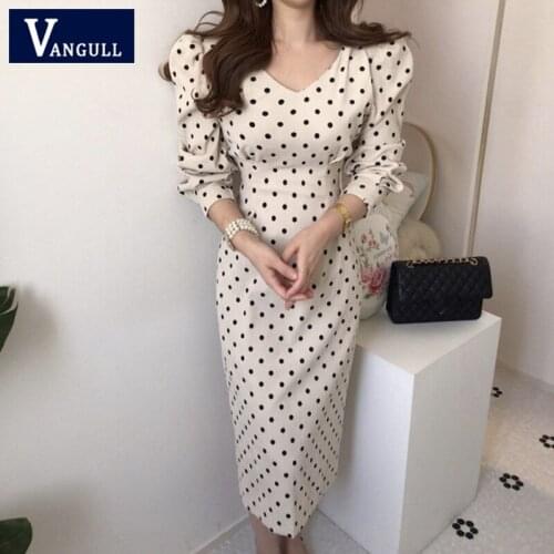 Vangull Women Casual Polka Dot Print Party Corduroy Dress Spring New V-neck Puff Sleeve Slim Lace-Up Bow Elegant Fashion Dresses