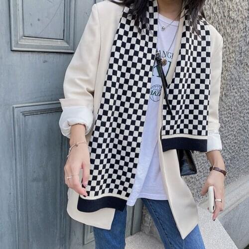 Unisex Winter warm soft Black White Plaid Scarf women men Check Long Neck double layer knitted Scarves