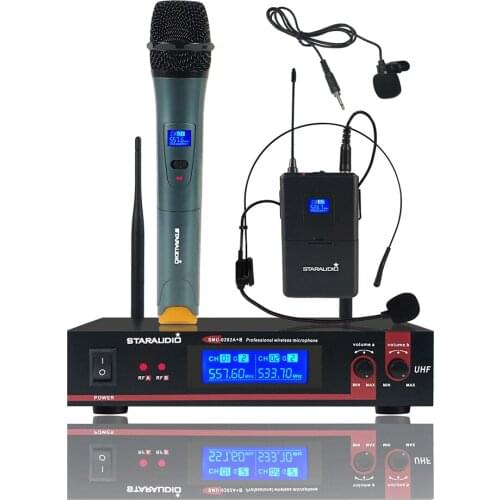 STARAUDIO 2 Channel UHF Wireless Microphone System 2CH Handheld Headset Lavalier Lapel Bodypack Microphone For Church SMU-0202AB