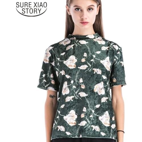2019 Floral Print Pleuche T Shirt O-neck Women Shirt Fashion Womens Clothing Short Sleeve T-shirt Women Summer clothing 3373 50