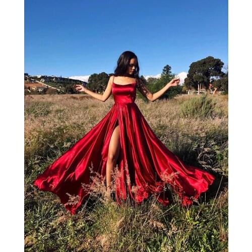 Burgundy Satin Prom Dresses 2020 Spaghetti Straps Halter Backless Sexy High Split Side Formal Party Evening Gowns