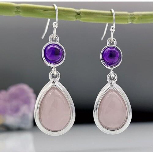 Bohemian Retro Drop Shaped Pink Natural Stone Earrings Korean Fashion Platinum Plating Round Amethyst Pendant Ear Hook Jewellery