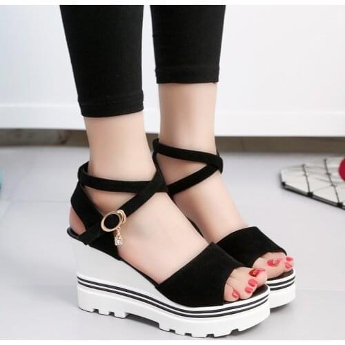Sandals Women Mouth Toe Wedges Shoes For Women Line Buckle Platform Summer Wood Grain High Heel Chaussure Femme