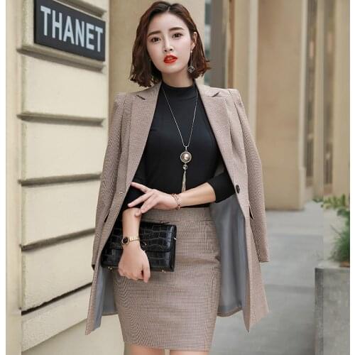 Business formal women lattice skirt suit autumn fashion elegant Plaid blazer+skirt 2 Piece Sets office Interview plus size Work