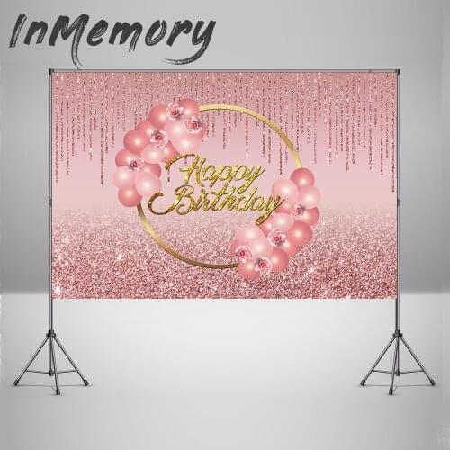 Glitter Happy Birthday Backdrop Pink Rose Birthday Photo Background for Girls Balloons Gold Ring Women Birthday Backdrops
