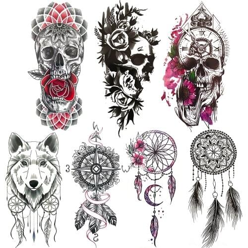 Geometric Skeleton Temporary Tattoo For Women Girls Men Wolf Dreamcatcher Tattoos Sticker Feather Clock Death Skull Tatoo Chest