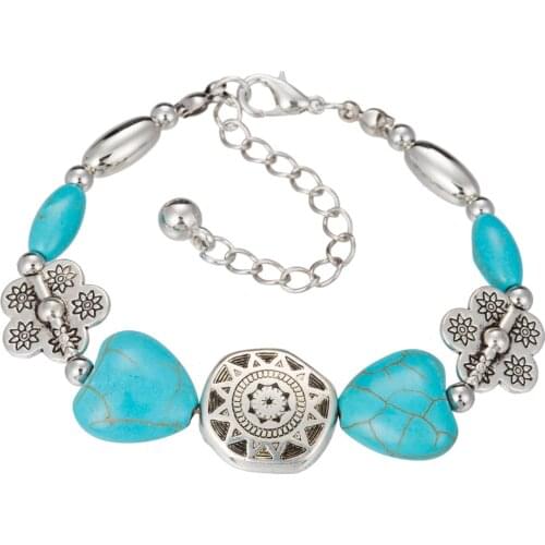 HOCOLE Ethnic Style Flower Heart Shape Blue Stone Bracelet For Women Antique Silver Plated Link Chain Bracelet Fashion Jewelry