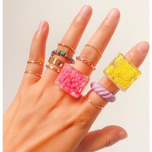 Lost Lady New Multi-Piece Ring Colorful Resin Cute Ladies Popular Ring Fashion Rice Bead Alloy Acrylic Hip-Hop Ring Jewelry