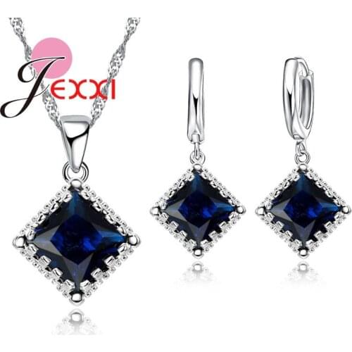 Silver Bridal Jewelry Sets For Wedding Accessory Elegant Women Sapphire Pendant Necklaces And Earring Set