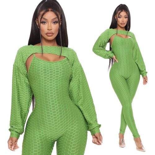Pineapple Grid Long-sleeved Two-piece Suit Women Suspender Bottoming Sports Set Fashion Femme Tracksuit Drop Shipping