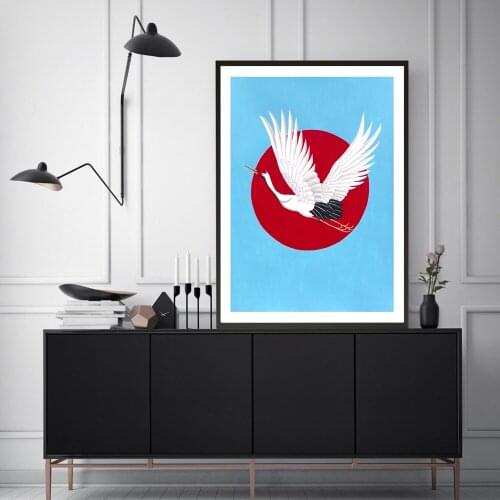 Flying Crane Chinoiserie Posters Traditioncal Red Sun Crane Wall Art Antique Canvas Print Pictures Nordic Livingroom Home Decor