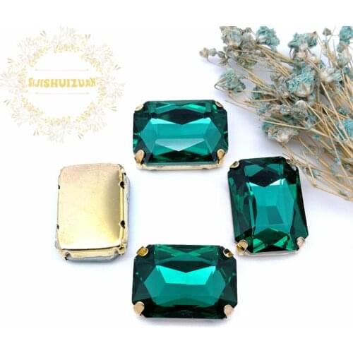 Malachite green Rectangle shape Glass Crystal sew on rhinestones with FOUR gold claw Diy wedding dress accessories Free shipping