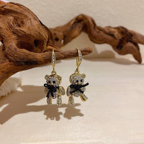 Minar Cute Bling Rhinestone Bear Earrings for Women Gold Color Alloy Animal Bowknot Hanging Dangle Earrings Personality Jewelry