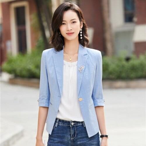 Fashion Casual Office Ladies Blazer Women Jackets Half Sleeve Slim Elegant Light Blue Female Clothes OL Styles
