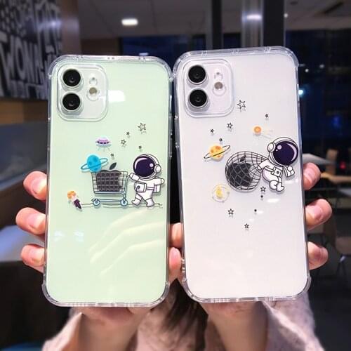 Funny Cute Cartoon Astronaut Planet Phone Case For iPhone 12 Pro MAX mini 11 X XS XR 7 8 Plus Transparent Soft Shockproof Cover