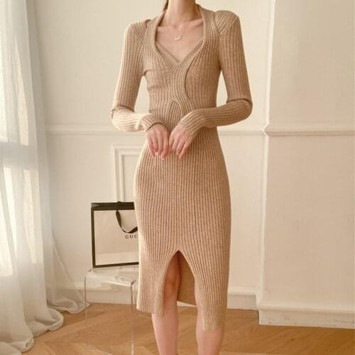 New Style V-Neck Knitted Solid Long Dress Women Sexy Cross Elastic Warm Dress Autumn Winter Fashion Sweater Bodycon Dress