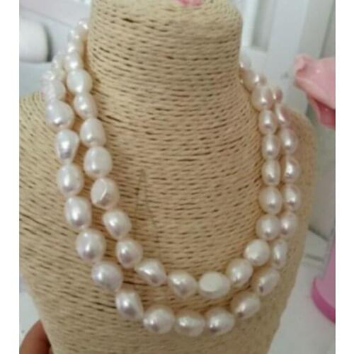 Natural 2Row Strands 9-10mm Baroque White Pearl Necklace 18"-19" Yellow Clasp