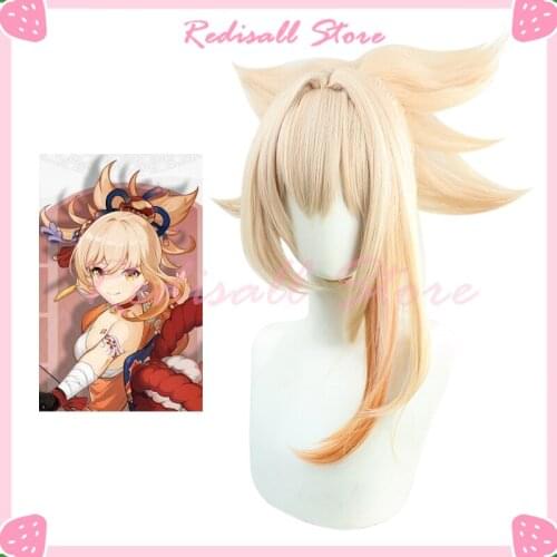 Genshin Impact Yoimiya Wig Cosplay INAZUMA Long Gradient Blond Orange Heat Resistant Synthetic Hair Adult Free Wig Cap