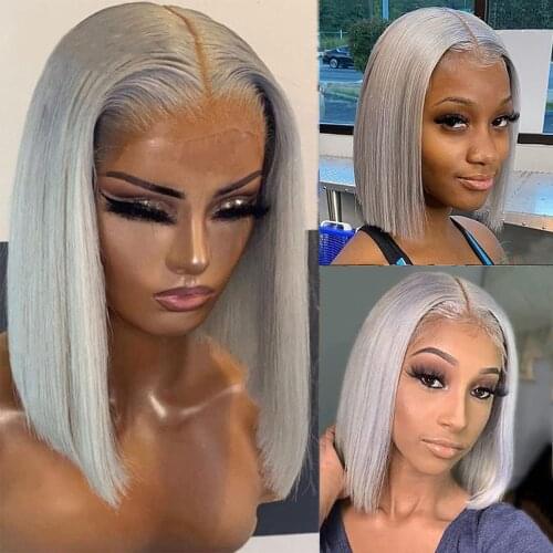 Gray Bob Wig Human Hair 13x4 Lace Frontal Bob Wigs Free Part Lace Front Human Hair Wigs Pre Plucked With Baby Hair 180% Density