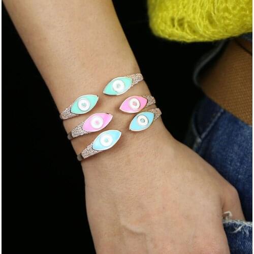 Pink green blue enamel colorful turkish evil eye charm rose gold metal color cz adjusted cuff bangle
