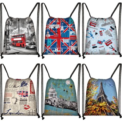 British Style Drawstring Bag London Landscape Eiffel Tower Oil Painting Travel Bag Teenager Girl Softback Backpack Shoes Holder
