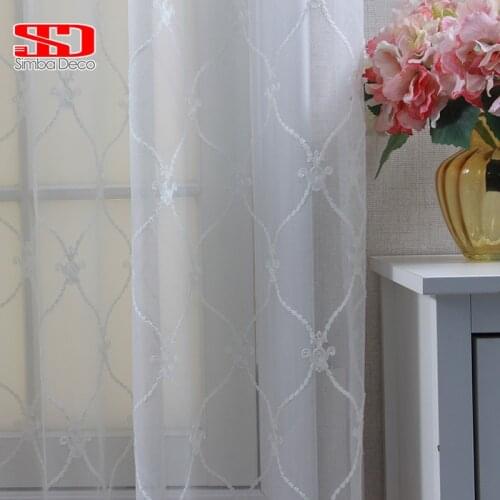 Diamond Geometry Embroidered Tulle Curtains For Living Room Window Bline Voile Flowers White Yarn Curtain Veil Window Treatment