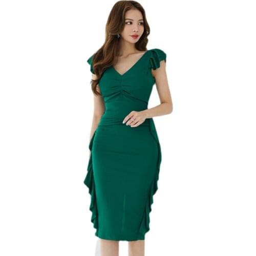 Green tight Dresses one piece korean ladies Summer sleevelss ruffle cabaret bodycon Party Dresses for women