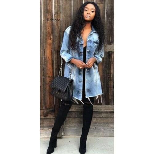 Plus Size Women Denim Jacket Ripped Hole Boyfriend Wind Jean Jacket Loose Long Sleeve Coats Bomber Jacket Spring Autumn
