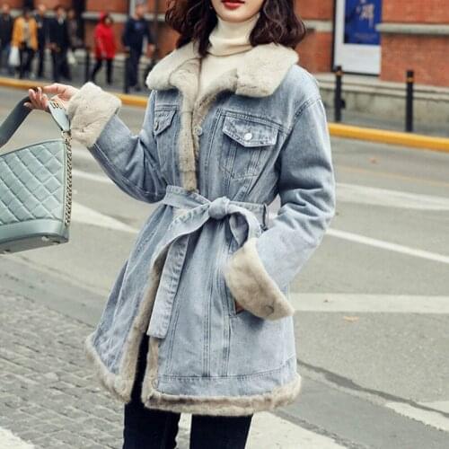 2021 Women Denim Thick Mid-length Waist Plus Velvet Lamb Wool Cotton Jacket Female New Fashion Waist Wild Thick Velvet Jacket