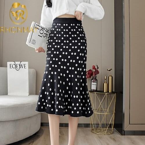 New 2021 Autumn Polka Dot Knitted Skirt Bodycon Trumpet Mermaid Vintage Lady Skirts High Waist Slim Kawaii Jupe Longue