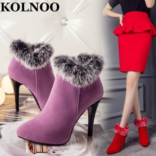 KOLNOO Handmade Womens Stiletto High Heels Boots Ball-Fur Warm Daily Wear Ankle Booties Three Color Evening Fashion Winter Shoes
