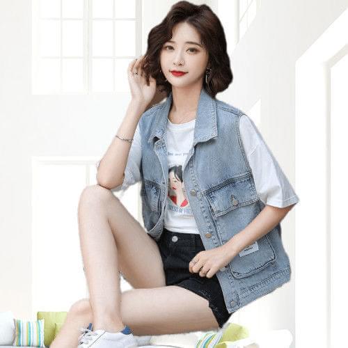 Olomm 2021 Jeans Vest Coat Womens Girl Autumn Student Tooling Korean New Loose Sleeveless Vest Top Gilet Femme Jackets Genuine