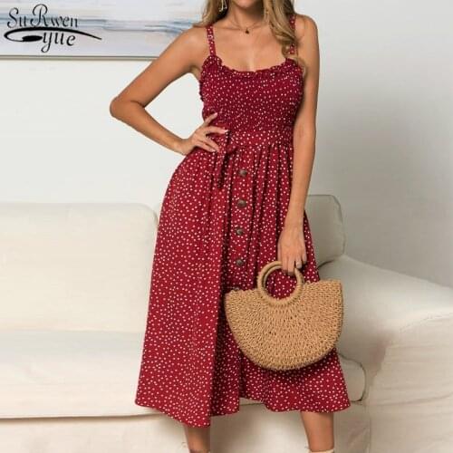 New Arrival Summer Slash Neck Sleeveless Party Beach Print Midi Dress Womens Sling Polka Dot Long Dresses Casual Sundress 13189