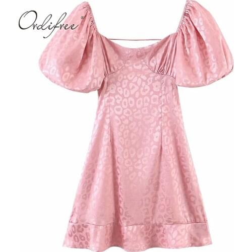Ordifree 2021 Summer Women Pink Leopard Mini Dress Lace Up Ruffle Sexy Backless Party Dress