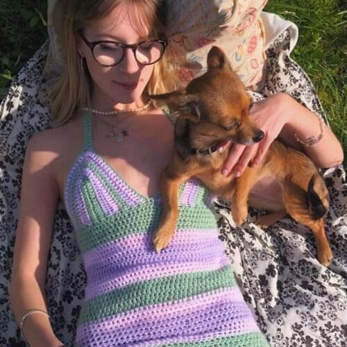 Womens Knit Dress Stripe Pattern Deep V Neck Sleeveless 2021 Summer Casual High Street Sexy Fashion All-match Purple/Orange