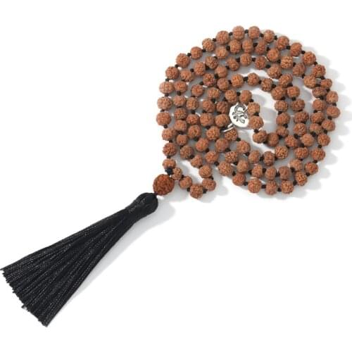 108 Natural Rudraksha Mala Beads Yoga Meditation Tassel Japamala Necklace for Women Pendant With Black Tassel