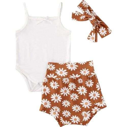 Infants Baby girl 3Pcs Set clothes Sleeveless romper tops bodysuit Floral shorts pants headband outfits sets