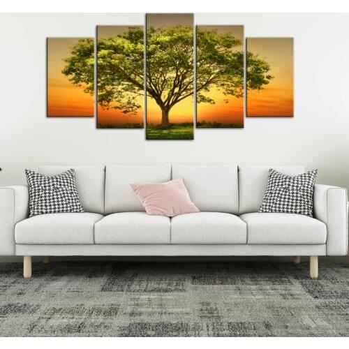 5 Panels Canvas Art Big Green Tree in Summer Field Art Giclee Canvas Prints Poster Dropshipping