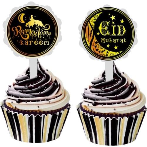 6pcs DIY Eid Mubarak Ramadan Kareem Cake Sticker Decor Ice-cream Cupcake Toppers Picks Lesser Baira Party Dessert Decor
