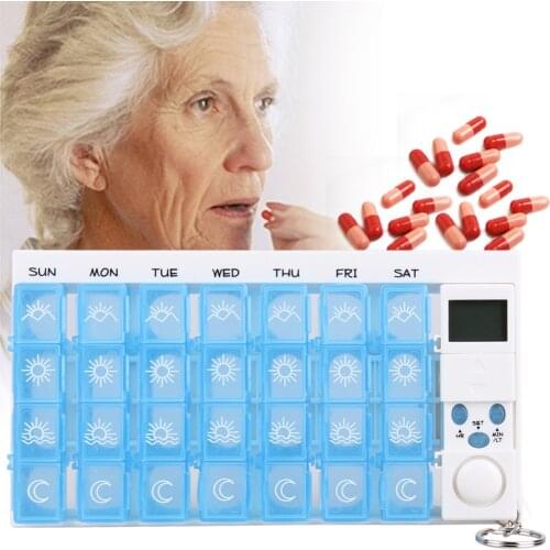 7-Day 28 Grids Pill Box Dispenser Electronic Organizer Medicine Case Tablet Container Timing Reminder Alarm Timer Pastillero