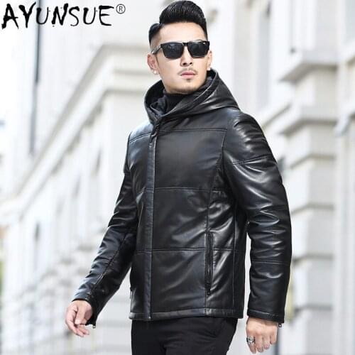 AYUNSUE New Genuine Leather Jacket Men Sheepskin 5XL Mens Down Jackets Hooded Clothes Winter Coat Mens Thick Veste Homme LXR878