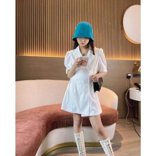 Baby girl white Suit dress 2021 summer new Double breasted Ribbon dress children fashion dress kids clothes 4-14Y wz192 wholesal