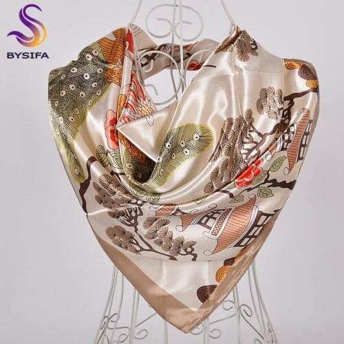 BYSIFA khaki Ladies Silk Scarves Shawls New Chinese Style Satin Square Scarves Hijabs Spring Fall Fashion Women Brand Scarf Wrap