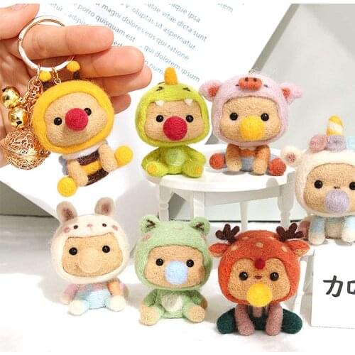 DIY Cute Animals Dolls Cat Wool Felt Craft Unfinished Plush Doll Poking Toy Gift Handmade Bear Felt Poke Keychain Handcraft Kit