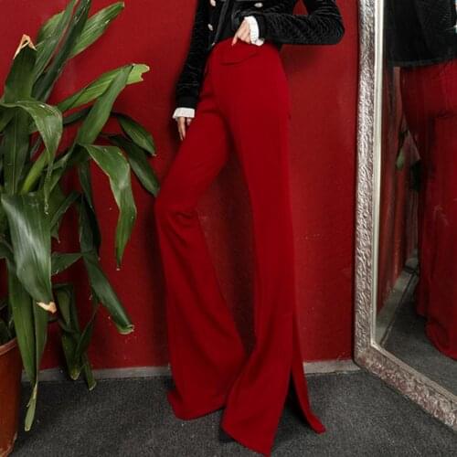European floor length longer flare trousers female high waist personality split design sticthing was thin thicker pants F1321