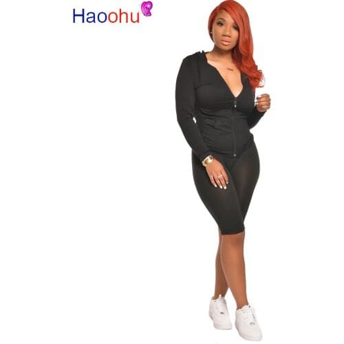 HAOOHU Women Solid Hooded Long Sleeve Hoodies Tops Knee Length Jogger Pants Suit Two Piece Set Sport Tracksuit Outfits