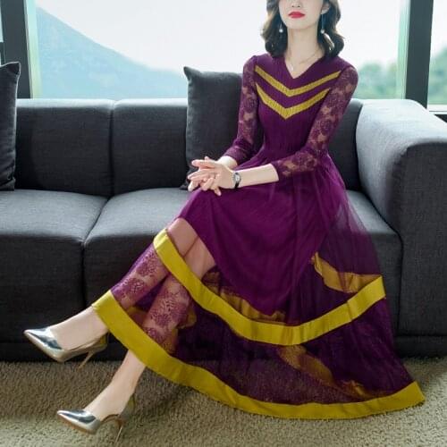 Lace Patchwork Miyak Pleated Mesh Midi Dress Women V-Neck High Waist Elegant Plus Size Slim Party Dresses Ladies Korean Vestidos