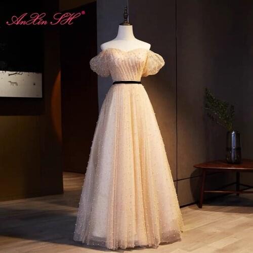 AnXin SH princess champagne lace evening dress vintage party boat neck short puff sleeve beading pearls a line evening dress
